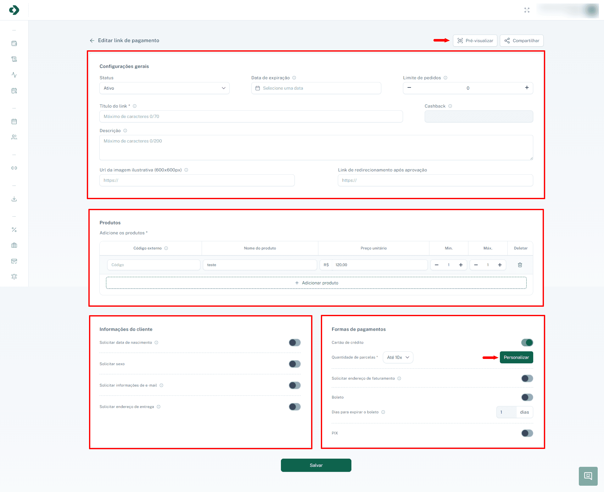 Tela de criação e edição de links de pagamento.