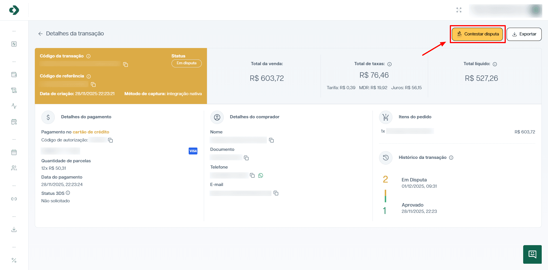 Modal para iniciar a contestação de disputa com upload de documentos.