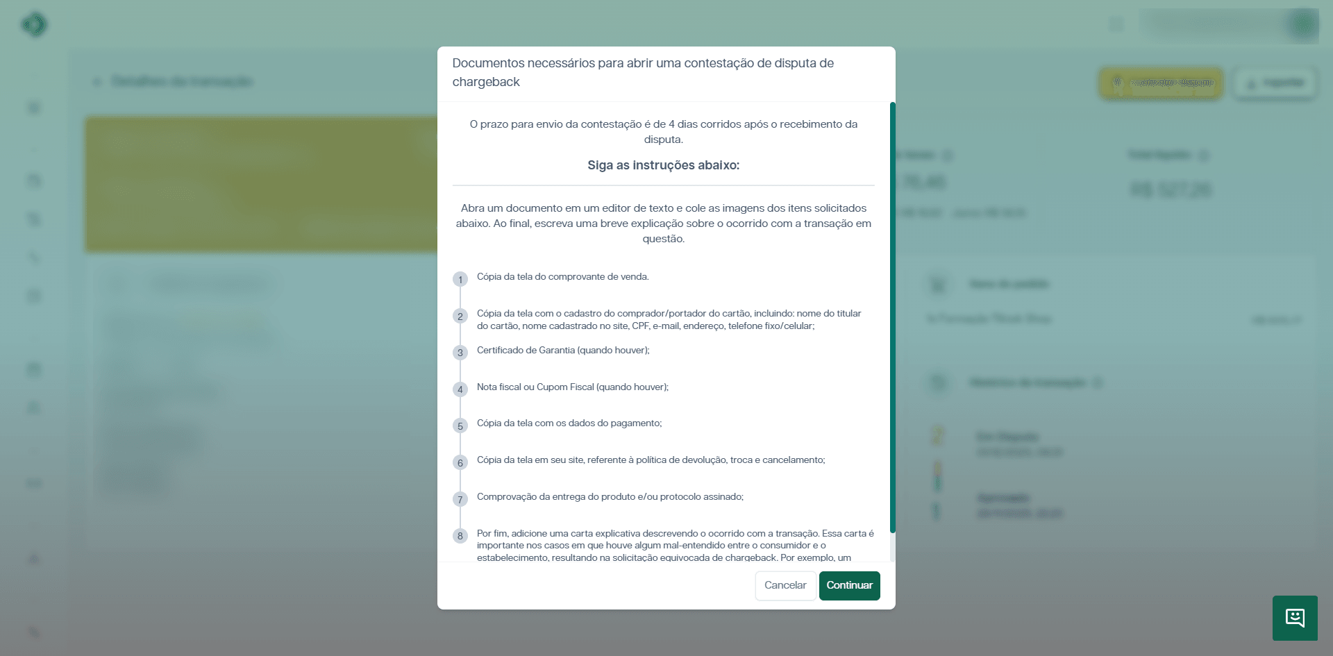 Modal com a lista de documentos recomendados para a contestação.