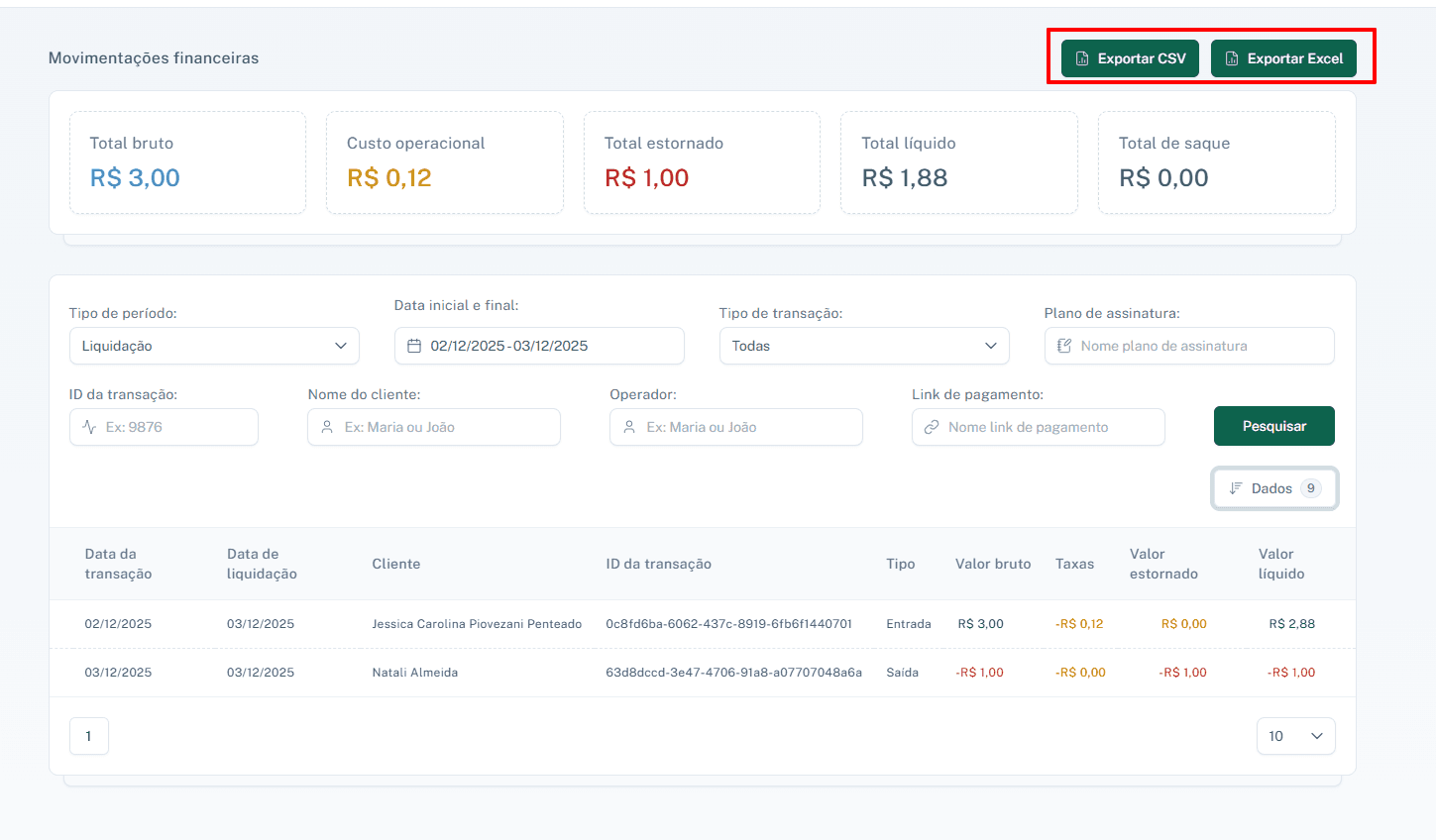 Botões para exportar os dados em formato CSV ou Excel.