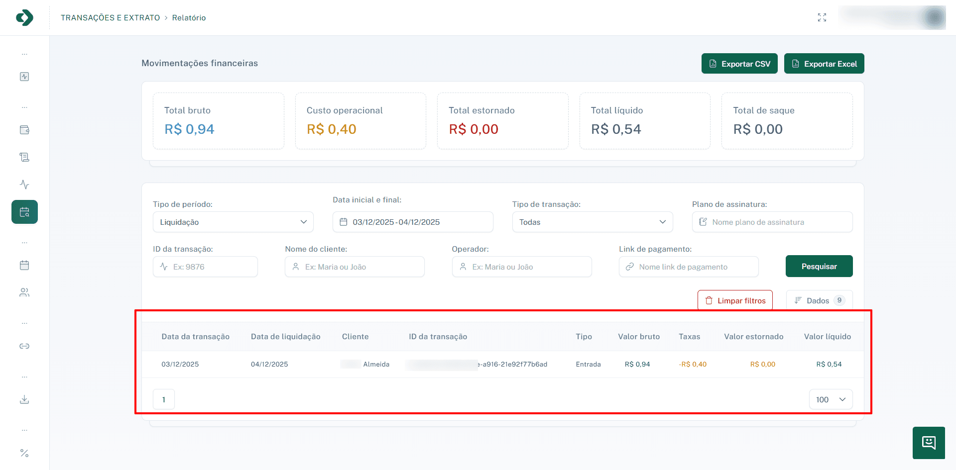 Tabela com os resultados da pesquisa de movimentações.