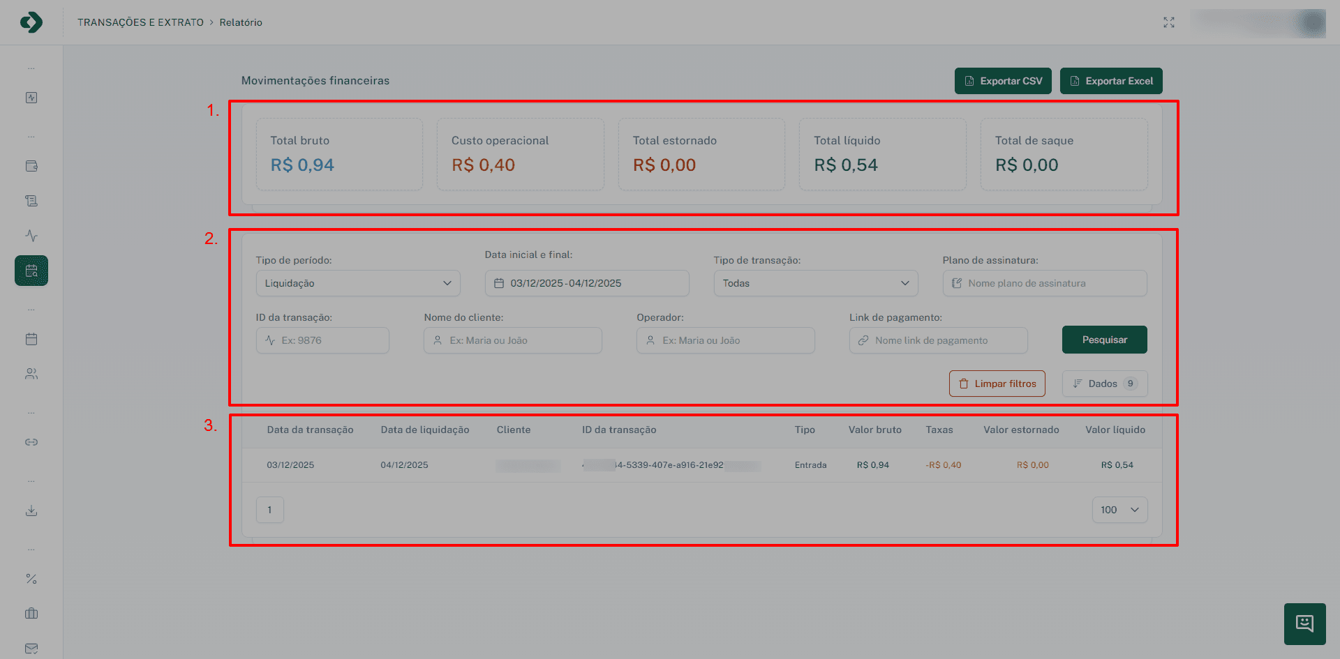 Visão geral da tela de movimentações financeiras.