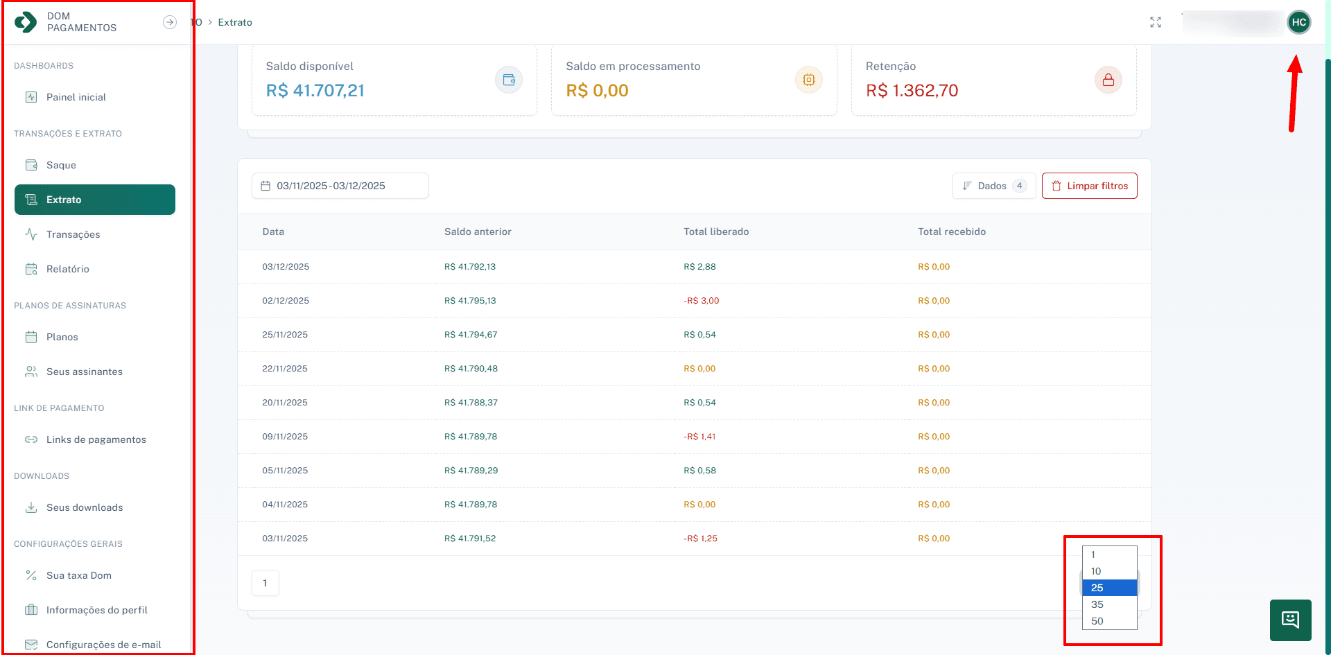 Visão geral da tela incluindo menu lateral, paginação e informações da conta.