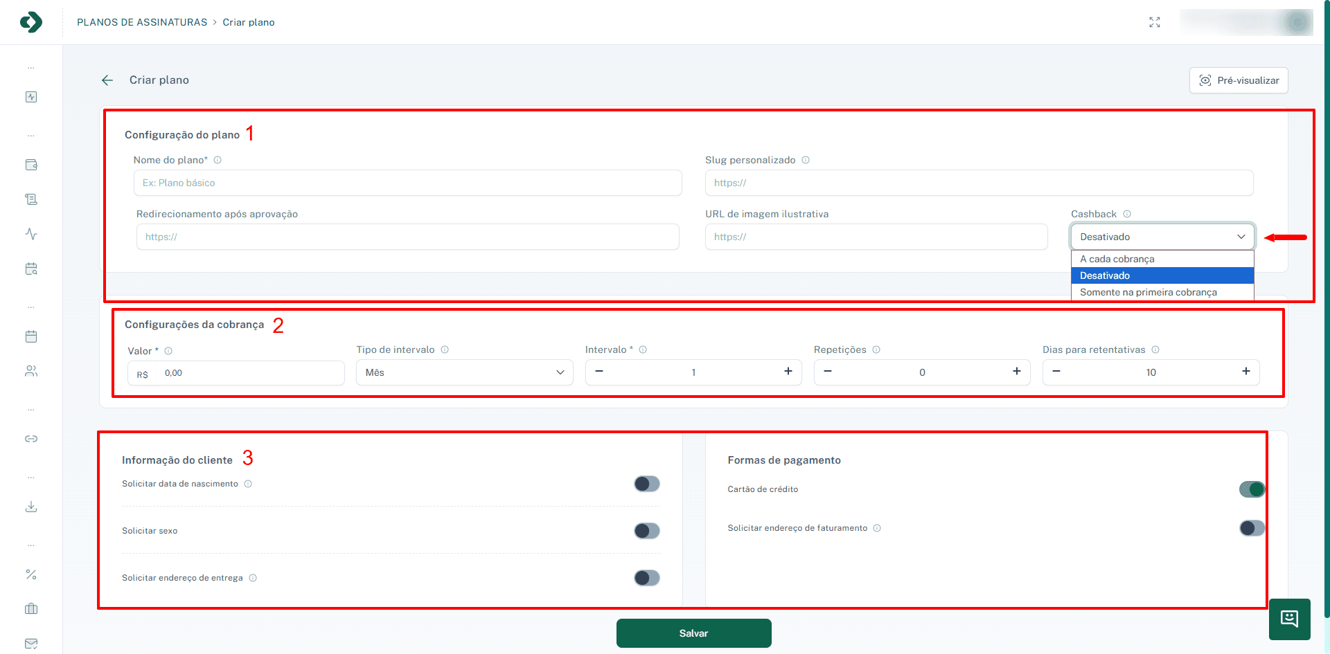 Tela de criação de um novo plano de assinatura.