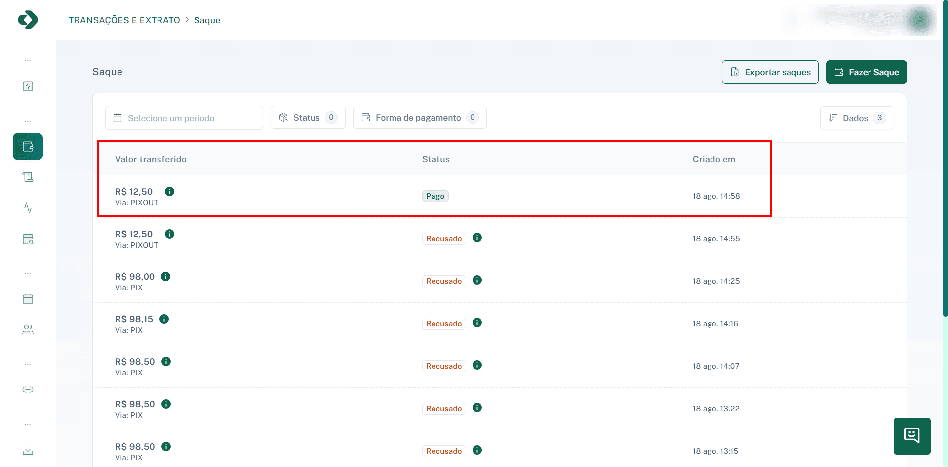 Tabela exibindo a lista de transações de saque.