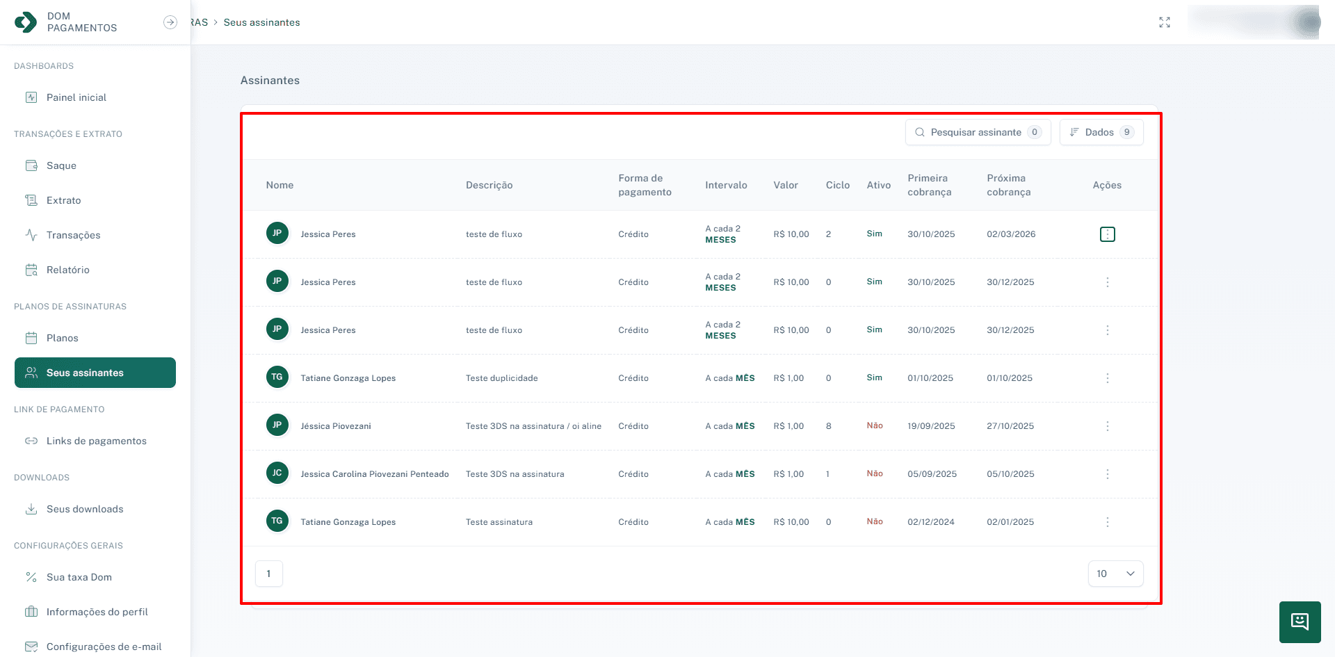 Tela principal de gerenciamento de assinantes.