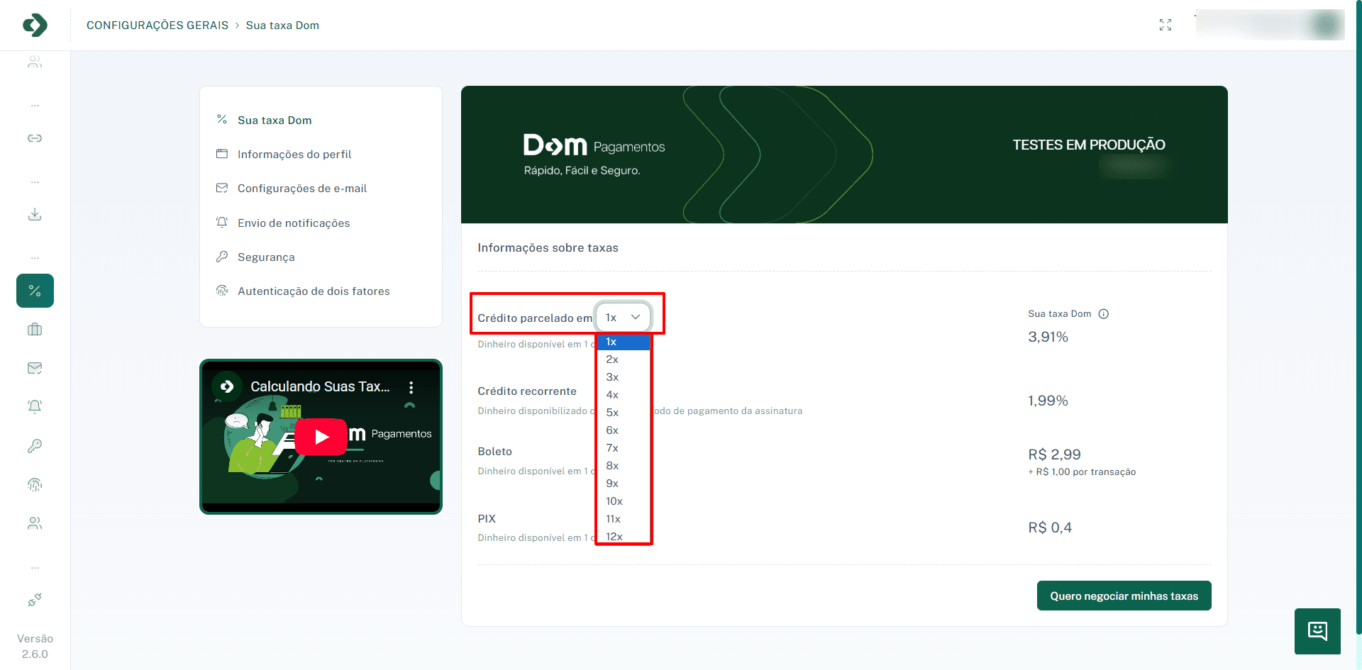Seção de detalhamento da taxa de crédito parcelado.