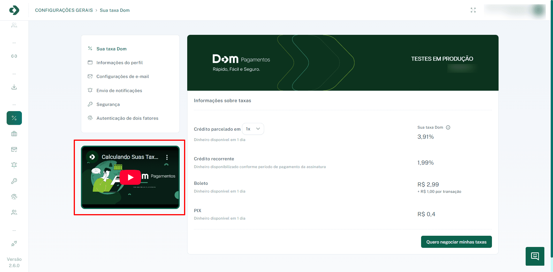 Seção com vídeo de ajuda sobre o cálculo de taxas.