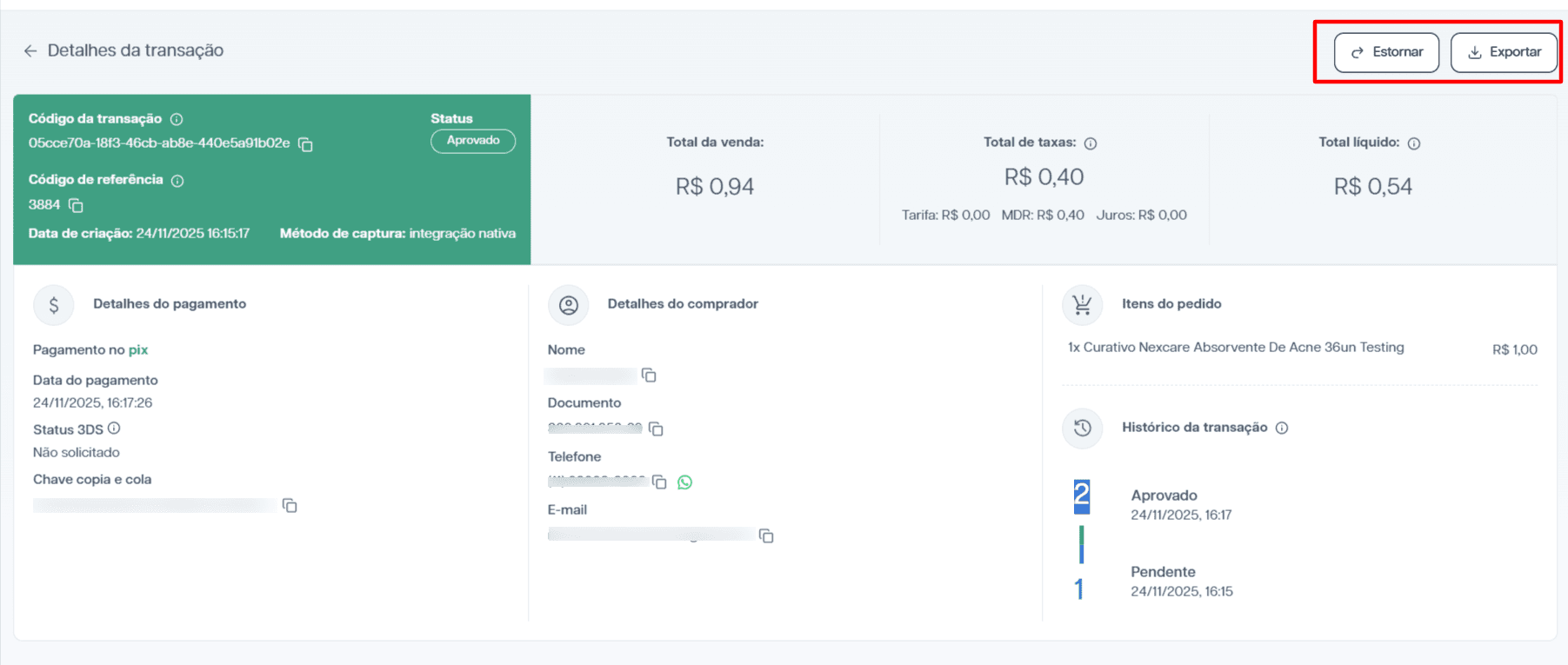 Botões de ações disponíveis como Estornar e Exportar.