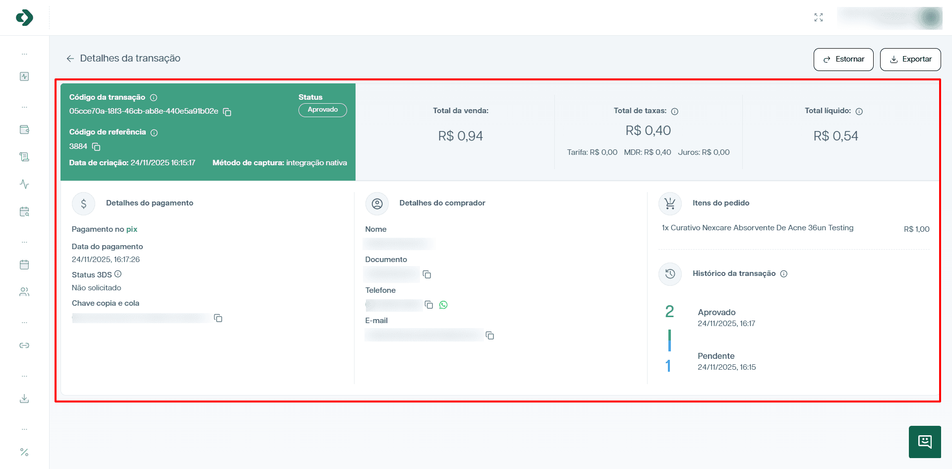 Visão geral da tela de detalhes de uma transação.