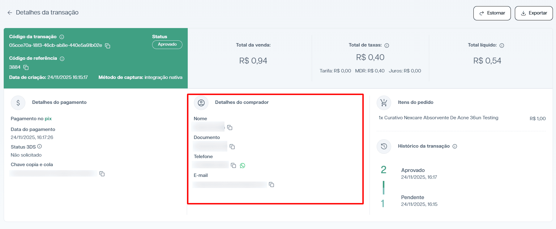 Seção de detalhes do comprador em uma transação.