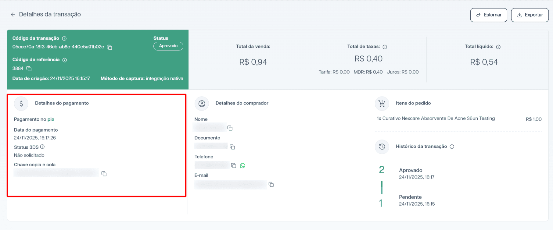 Seção de detalhes do pagamento em uma transação.