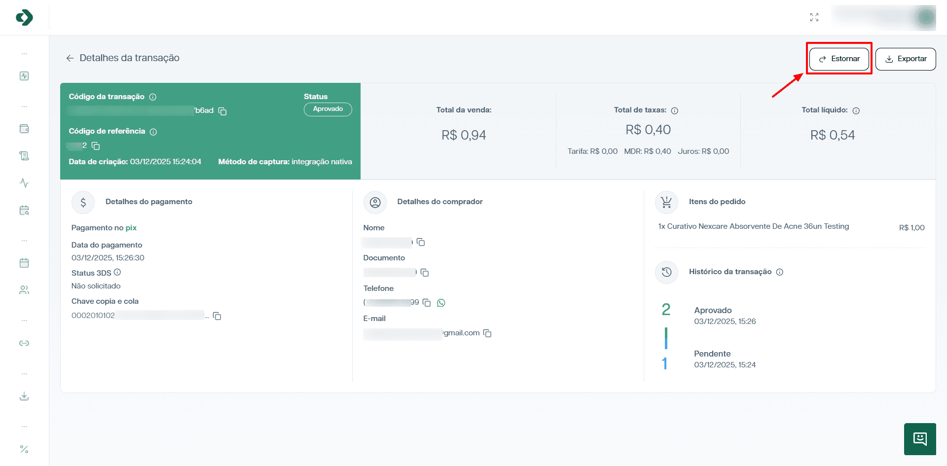 Modal para estornar uma transação.