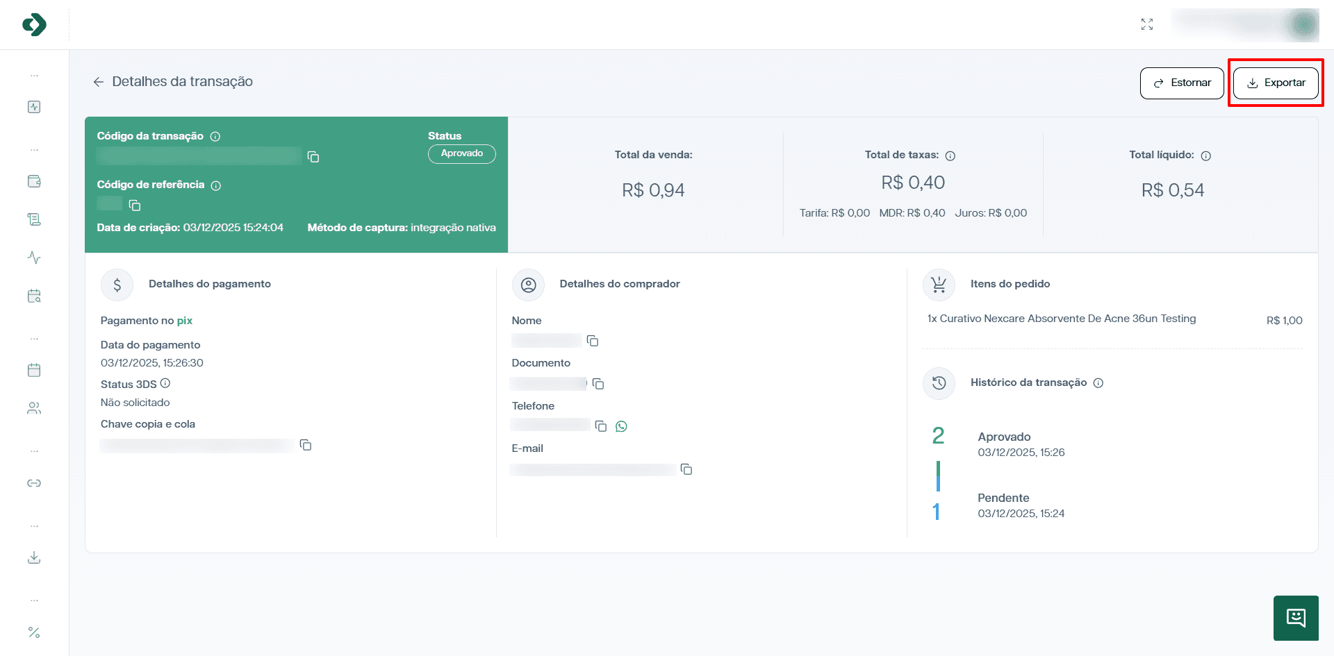 Botão para exportar o comprovante da transação.