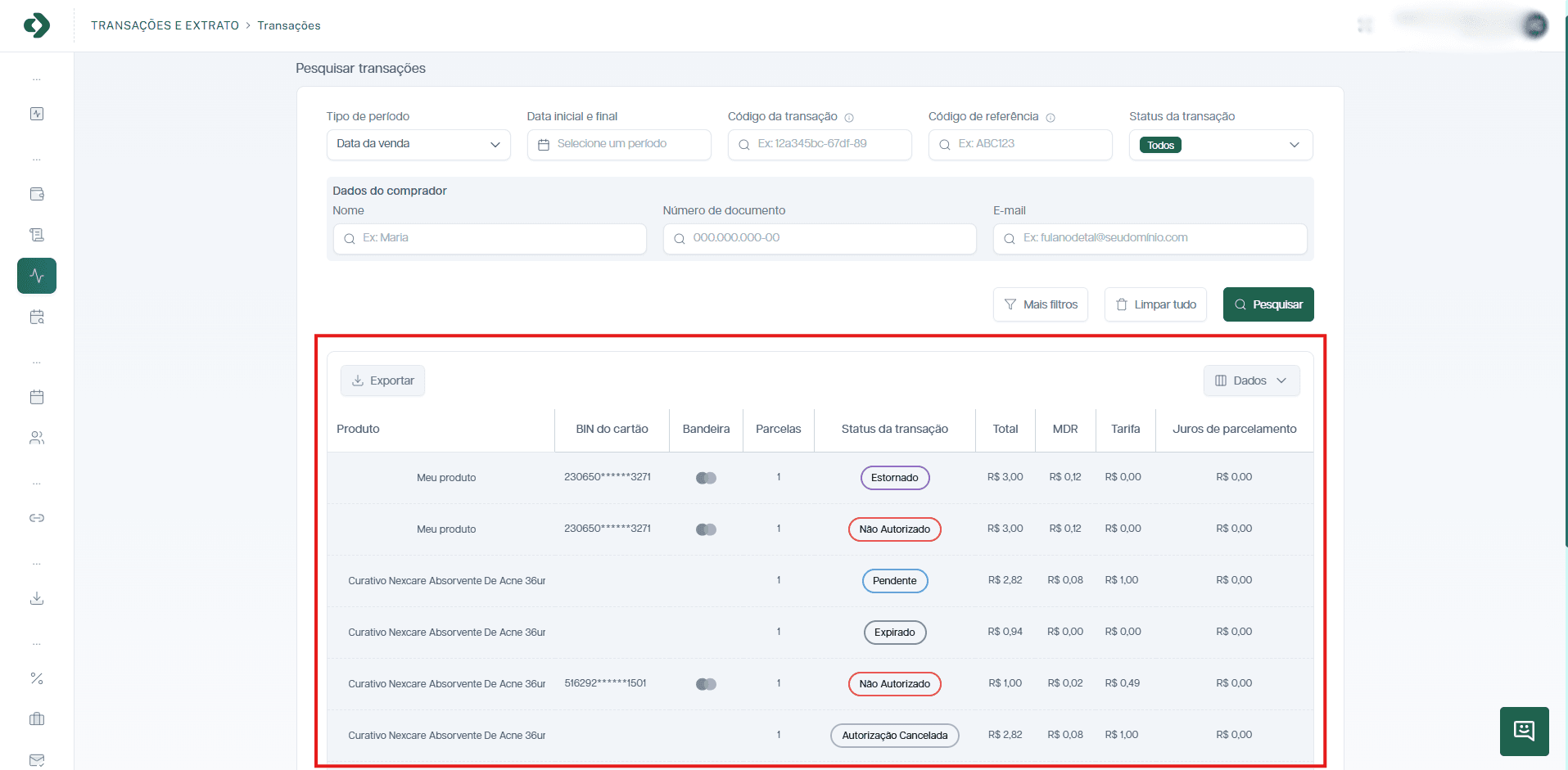 Tabela com a lista de transações e suas colunas.