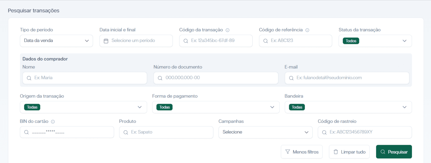 Filtros disponíveis para pesquisar transações.