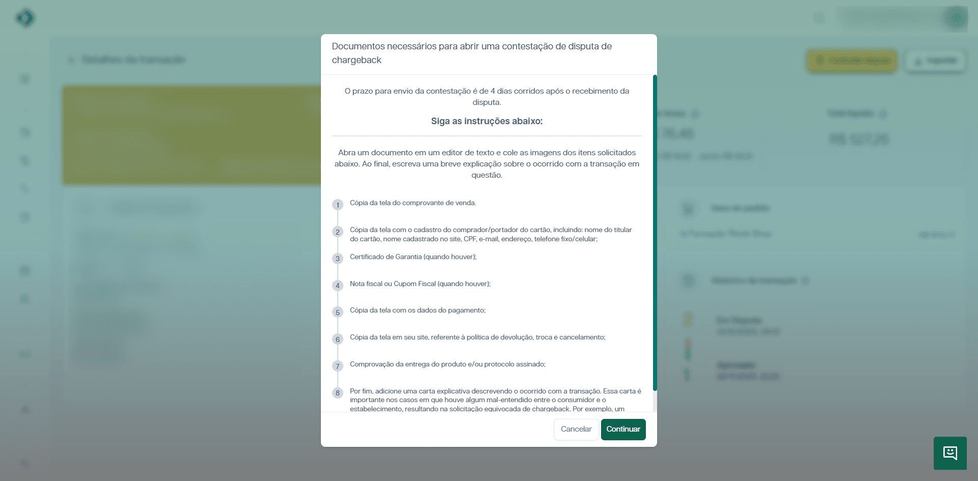 Modal com a lista de documentos recomendados para a contestação.