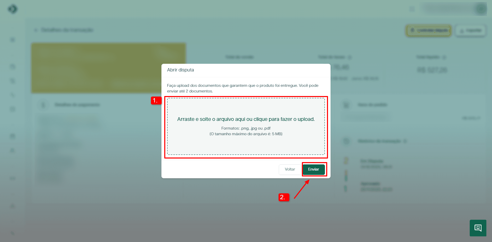 Tela para fazer o upload dos documentos da contestação.