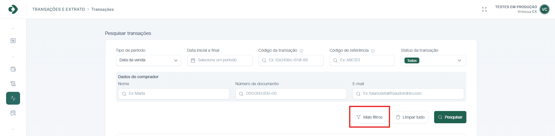Visão geral da tela de transações da Dom Pagamentos.