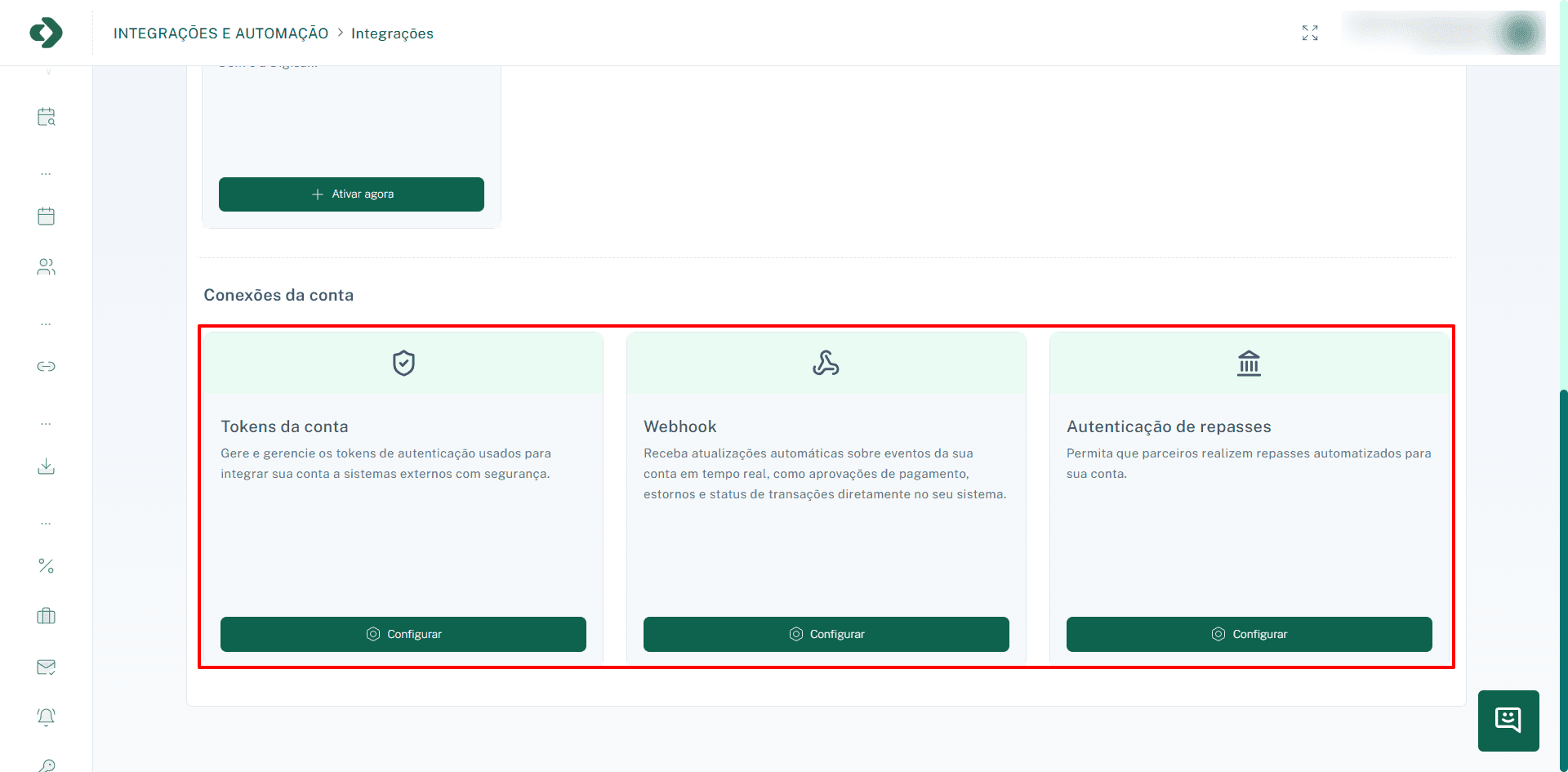Seção de conexões da conta com Tokens e Webhooks.