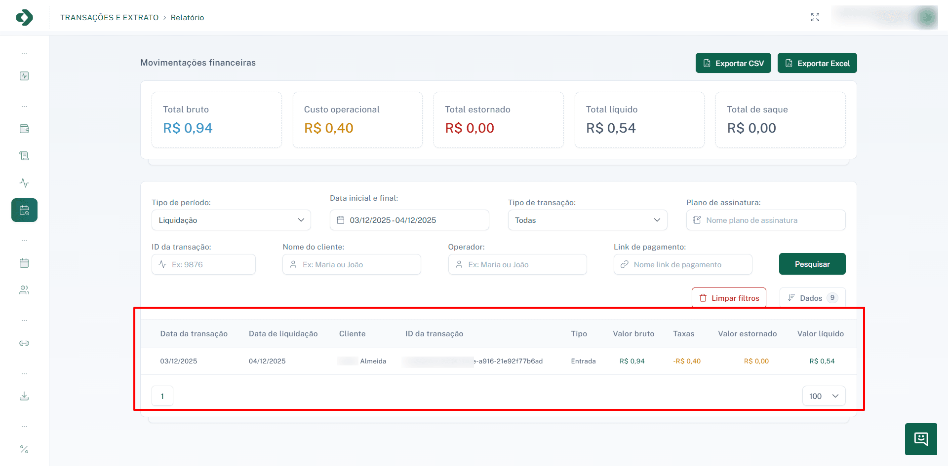 Tabela com os resultados da pesquisa de movimentações.