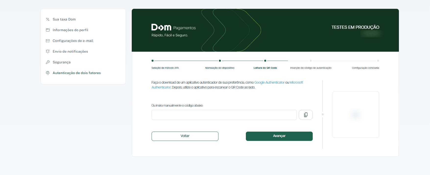 Tela de configuração da 2FA com QR Code para aplicativo autenticador.