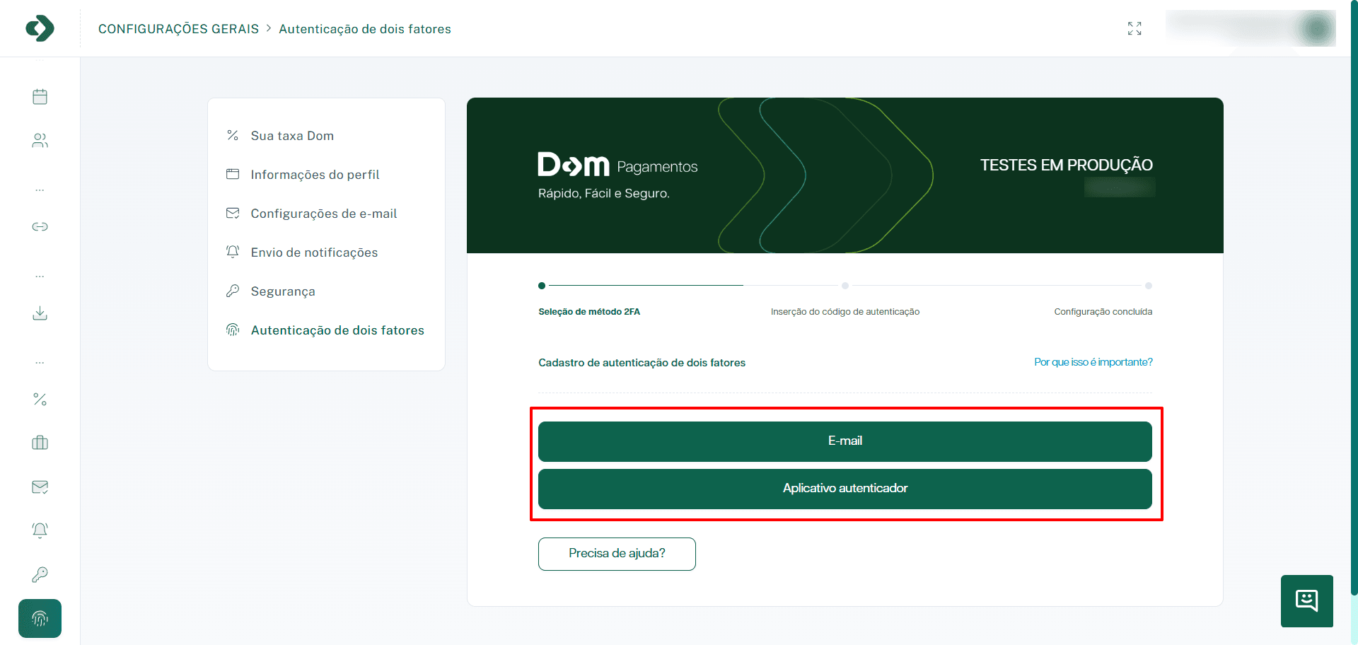 Tela de seleção do método de autenticação de dois fatores.