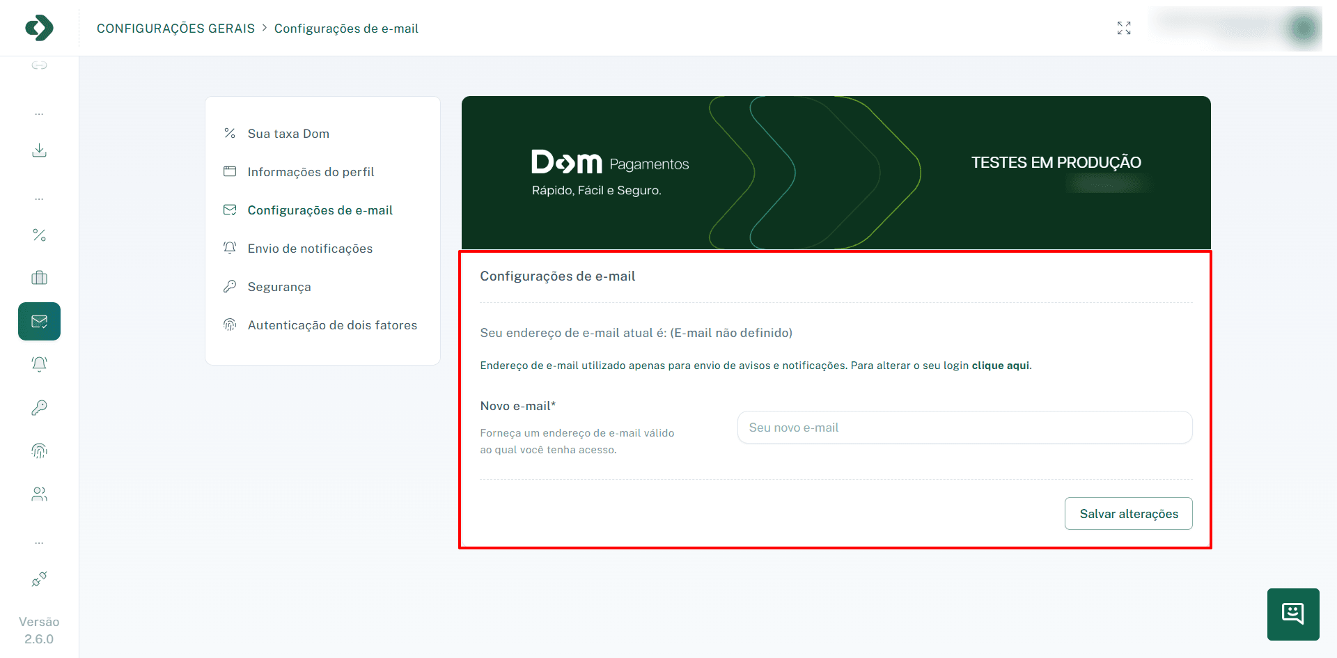 Painel de Configurações de E-mail.