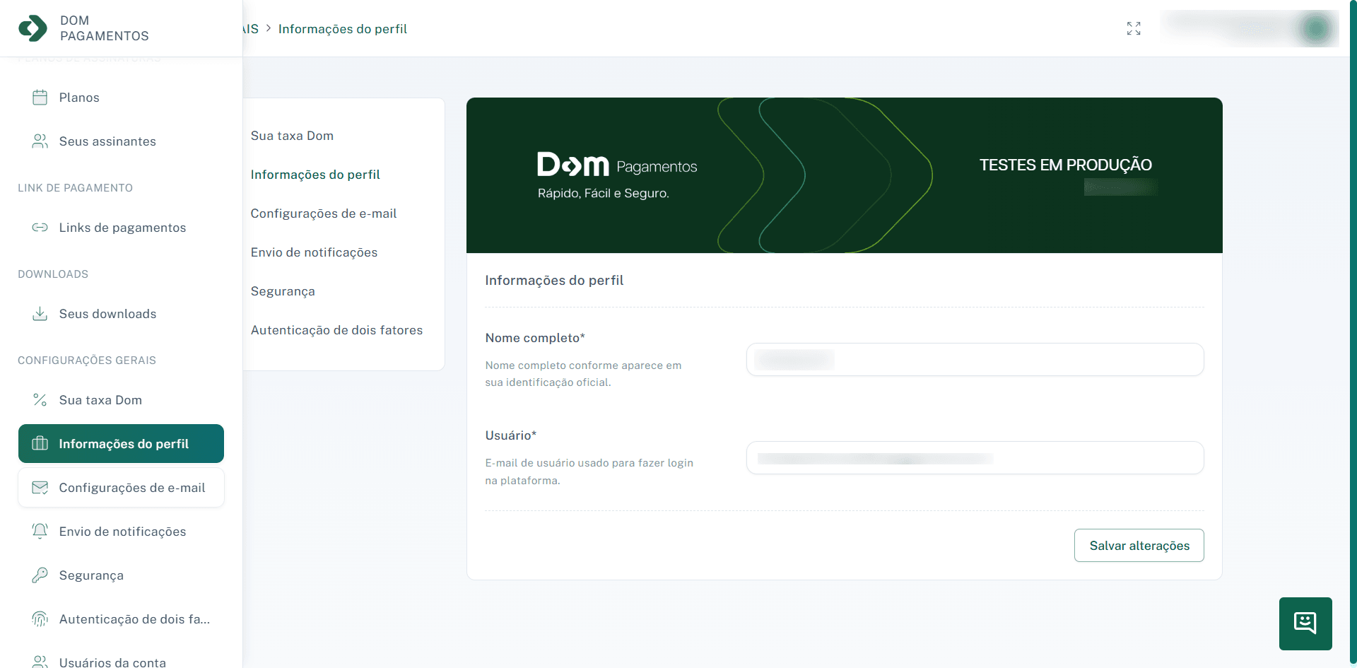 Painel de gerenciamento de informações do perfil.