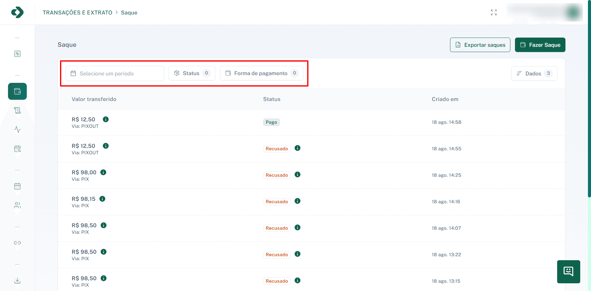 Visão dos filtros de busca na tela de saques.