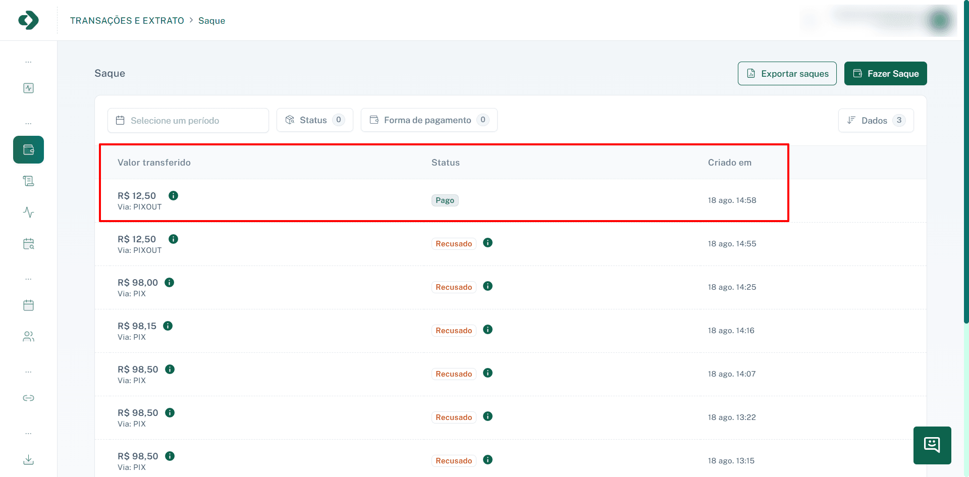 Tabela exibindo a lista de transações de saque.