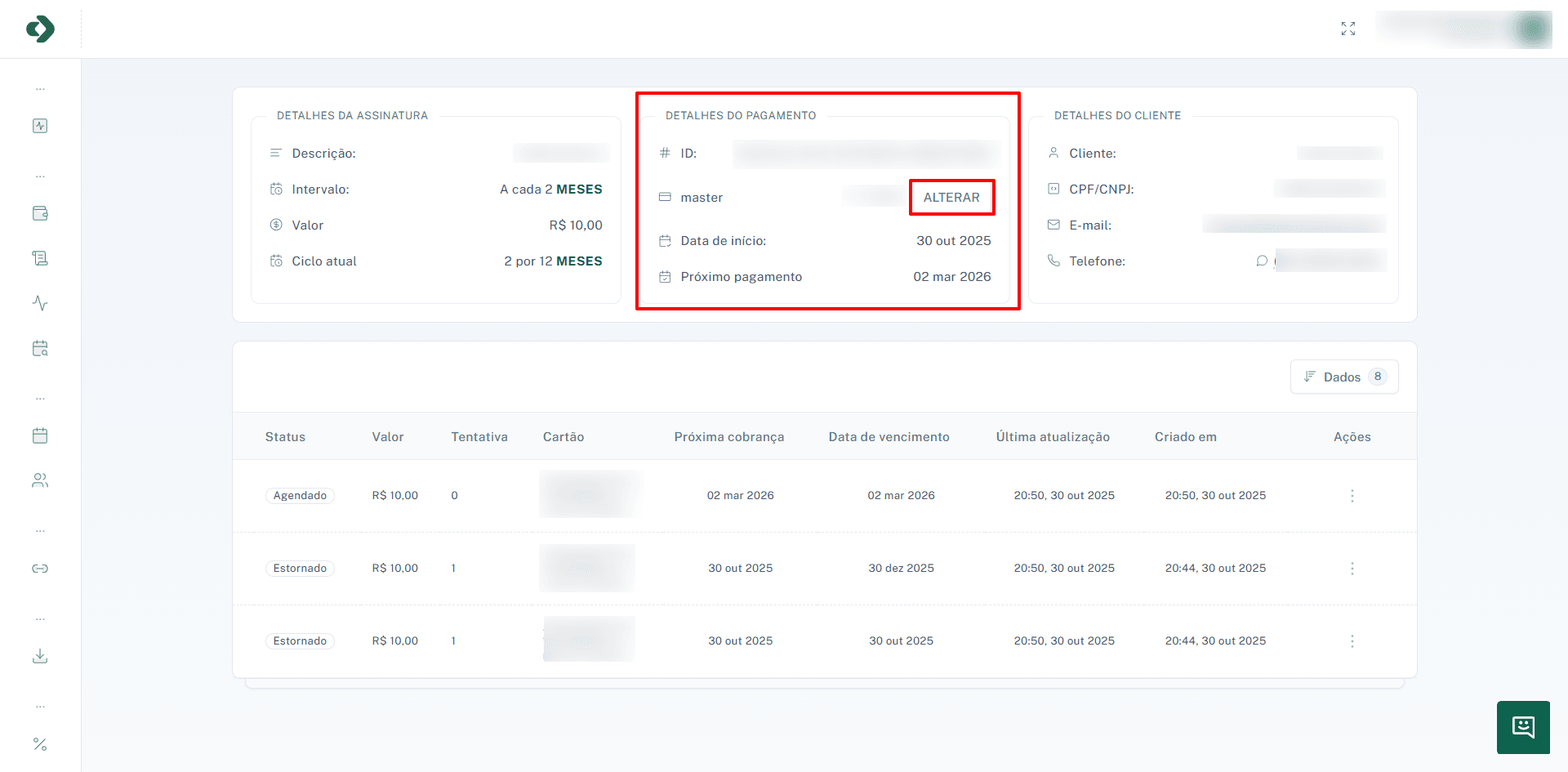 Modal para alterar o método de pagamento.