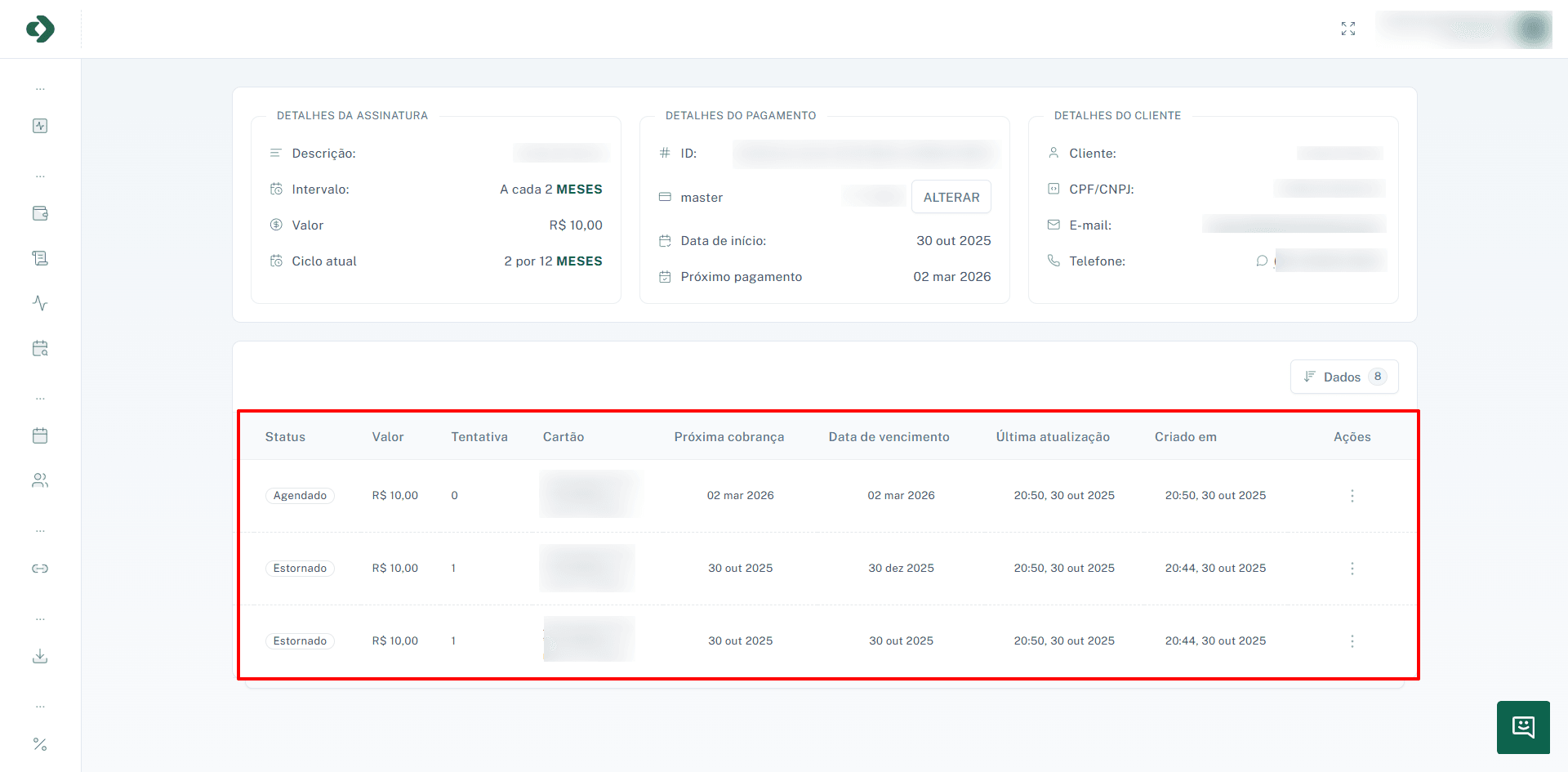 Tabela com o histórico de pagamentos da assinatura.