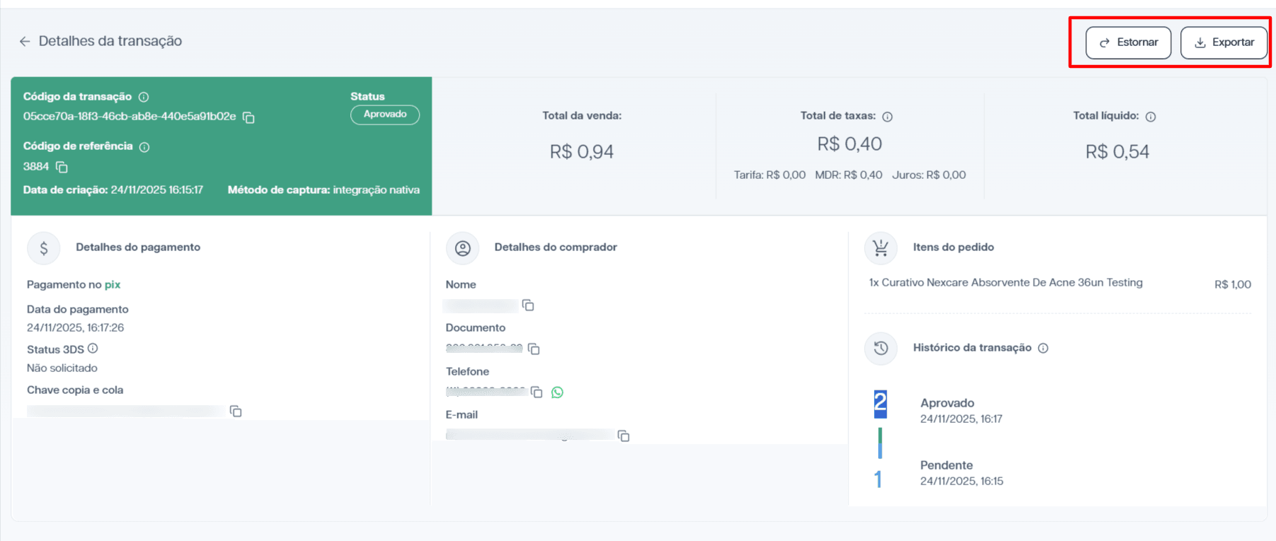 Botões de ações disponíveis como Estornar e Exportar.