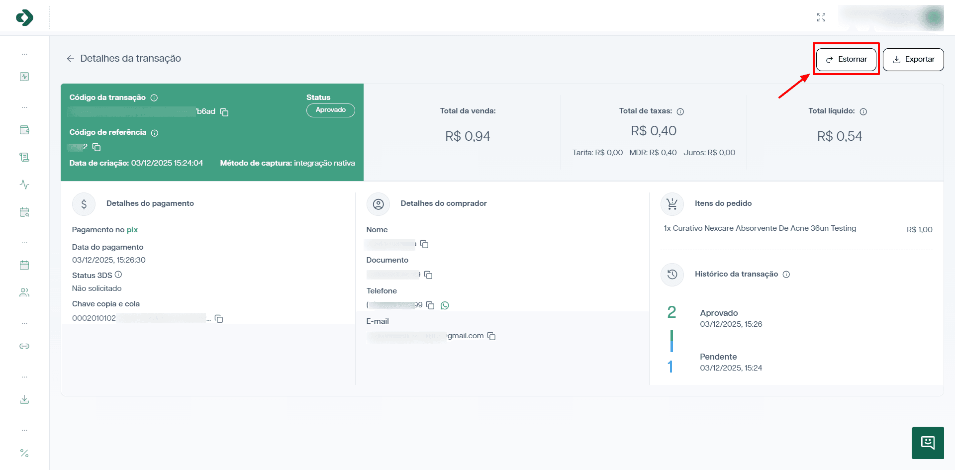 Modal para estornar uma transação.