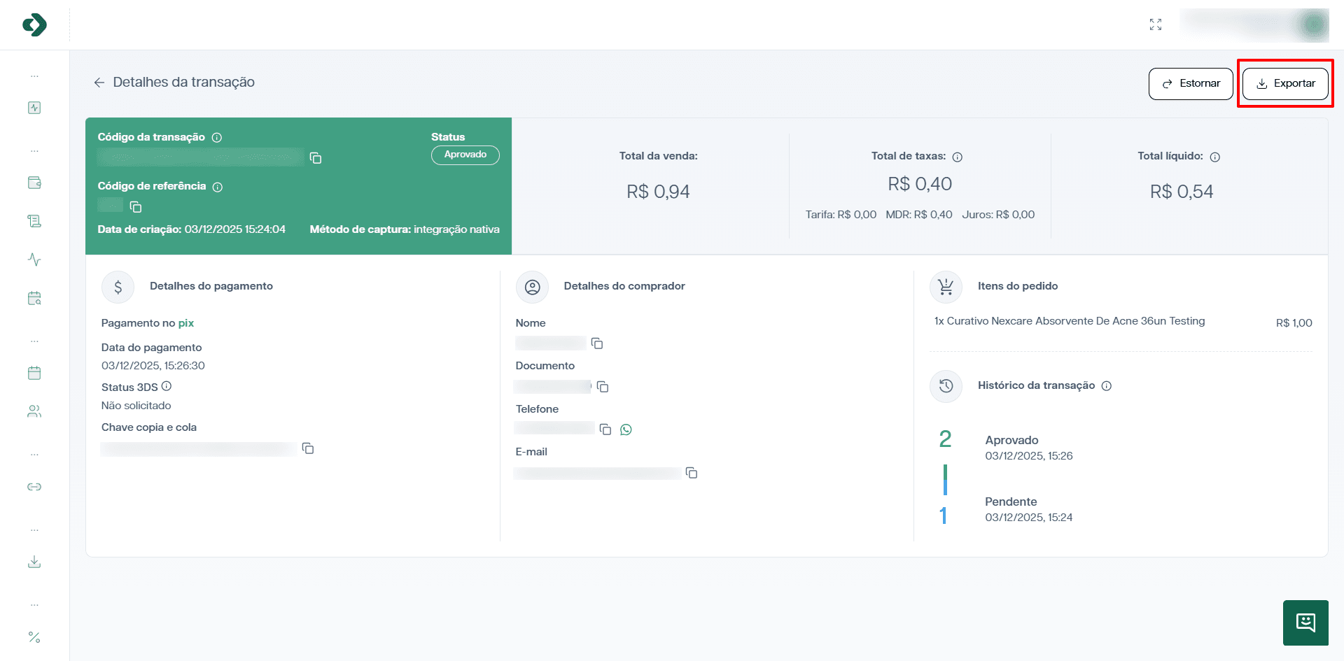 Botão para exportar o comprovante da transação.
