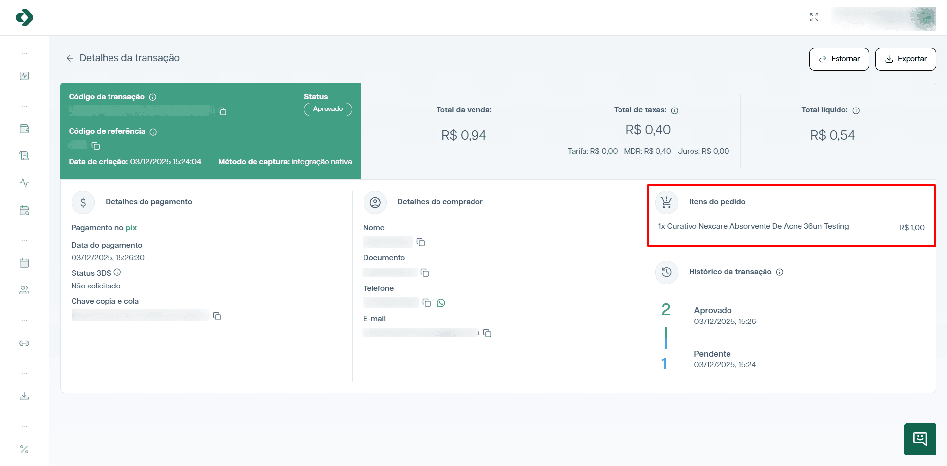 Seção de itens do pedido em uma transação.