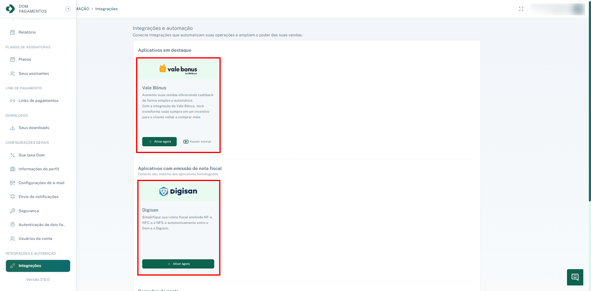 Seção de aplicativos em destaque na tela de integrações.
