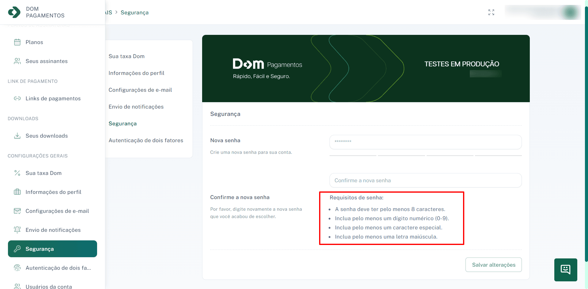 Painel para alteração de senha.