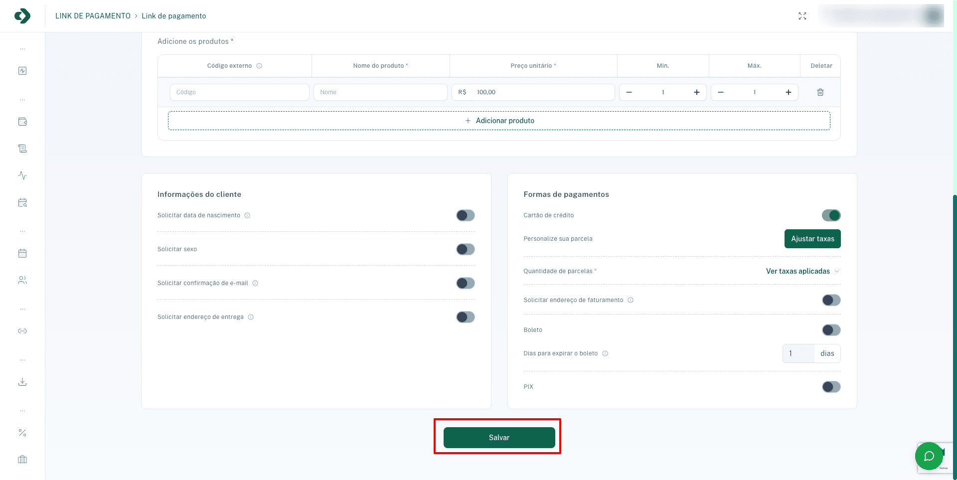 Finalize criando o link de pagamento.