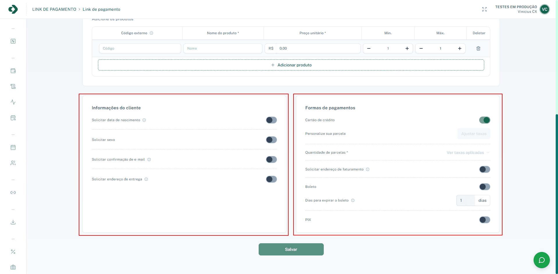 Tela de criação do link de pagamento com todos os blocos disponíveis.