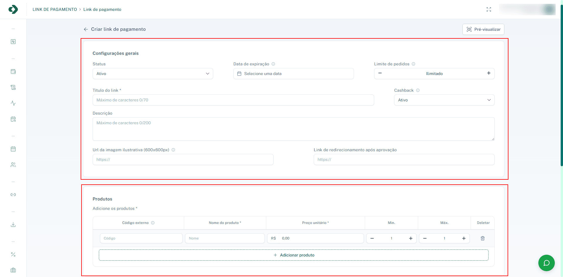 Tela de criação do link de pagamento com todos os blocos disponíveis.