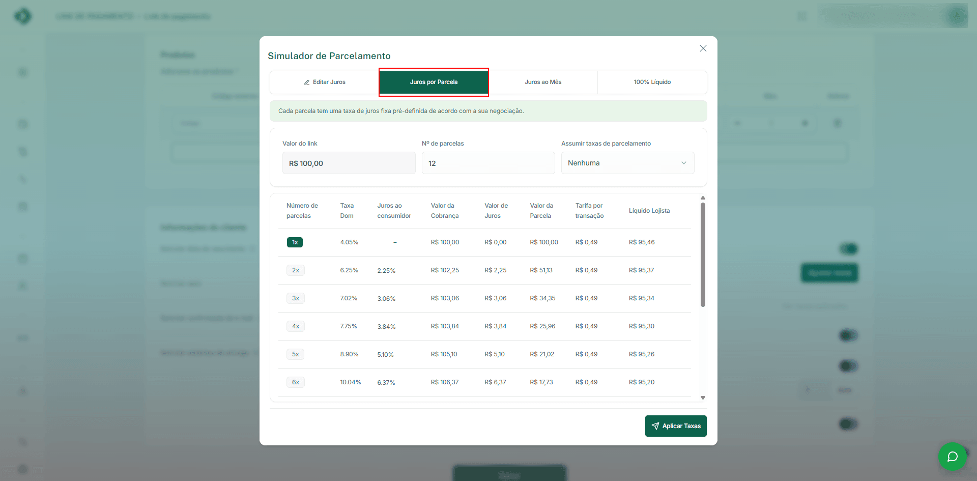 Visualize as taxas definidas por parcela de acordo com sua negociação