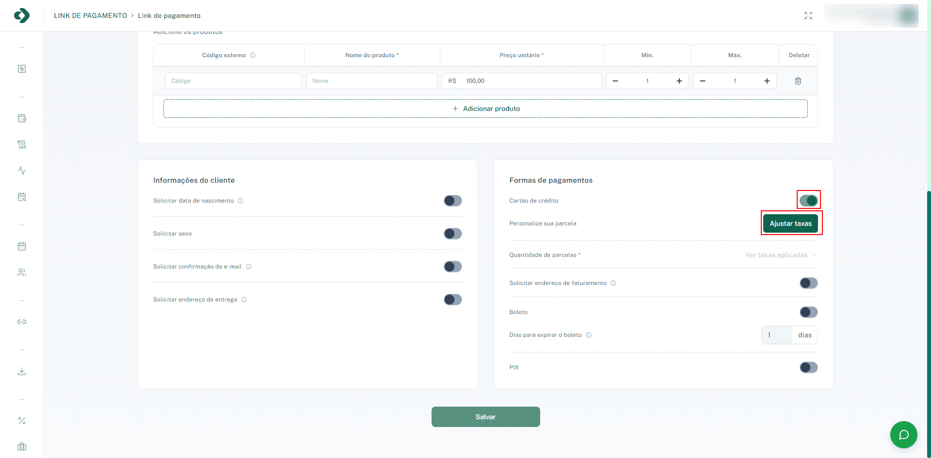 Simule o parcelamento antes de salvar o link.