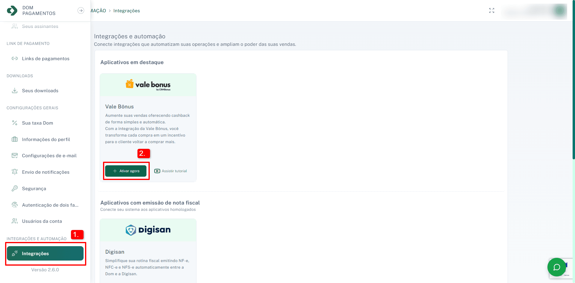 Acessando o menu Integrações